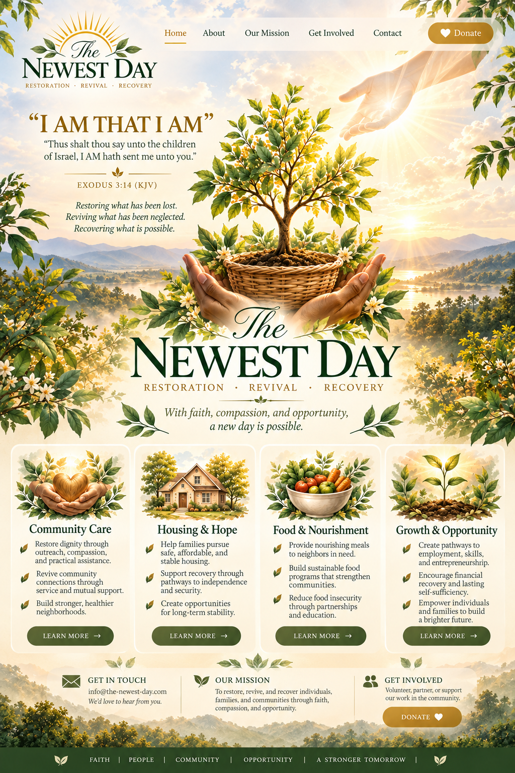The Newest Day artwork: a flourishing tree supported by human hands, with a reaching hand above it, representing hope, renewal and care.